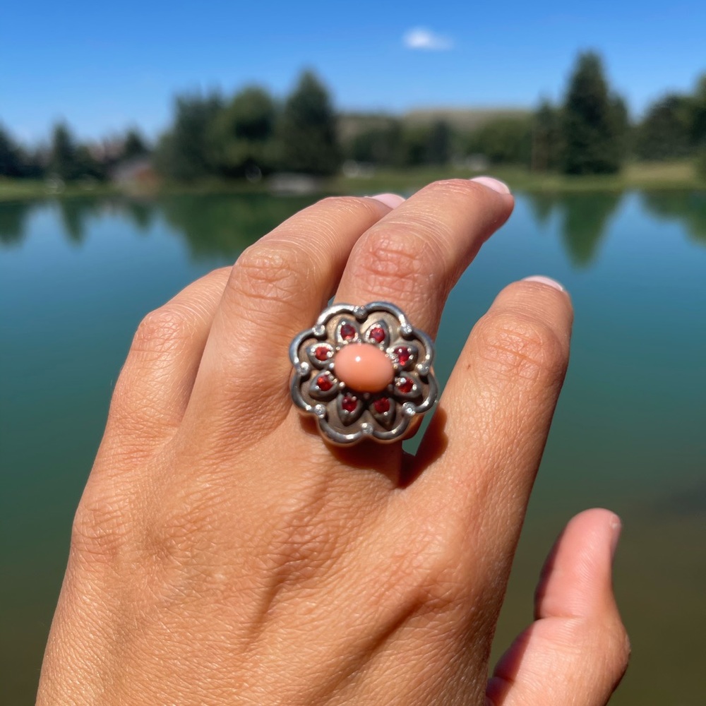 Coral, orange sapphire and diamond ring